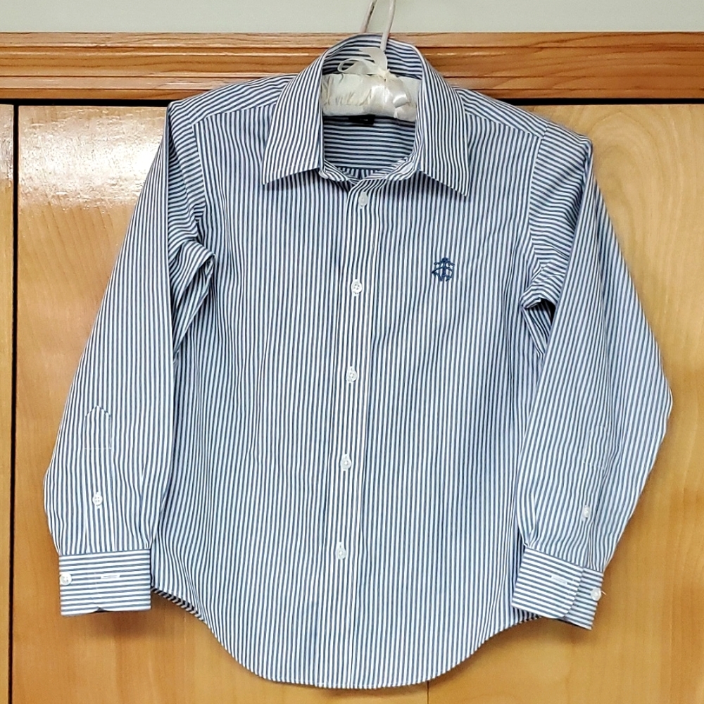 Boys Brooks Brothers gray blue pinstripe button down shirt 100% cotton EXCELLENT